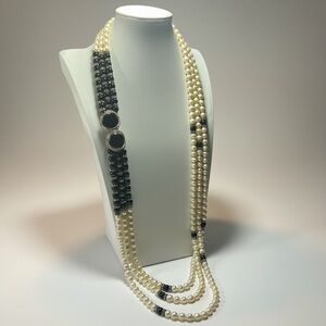 VTG Triple Strand Faux Pearls & Black Bead Necklace Opera Length